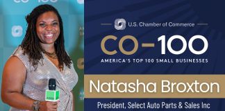 Natasha Broxton: U.S. Chamber of Commerce C0-100 Honoree Natasha Broxton leads Select Auto Parts, one of the only Black- and woman-owned U.S. auto recyclers, recognized by CO-100.